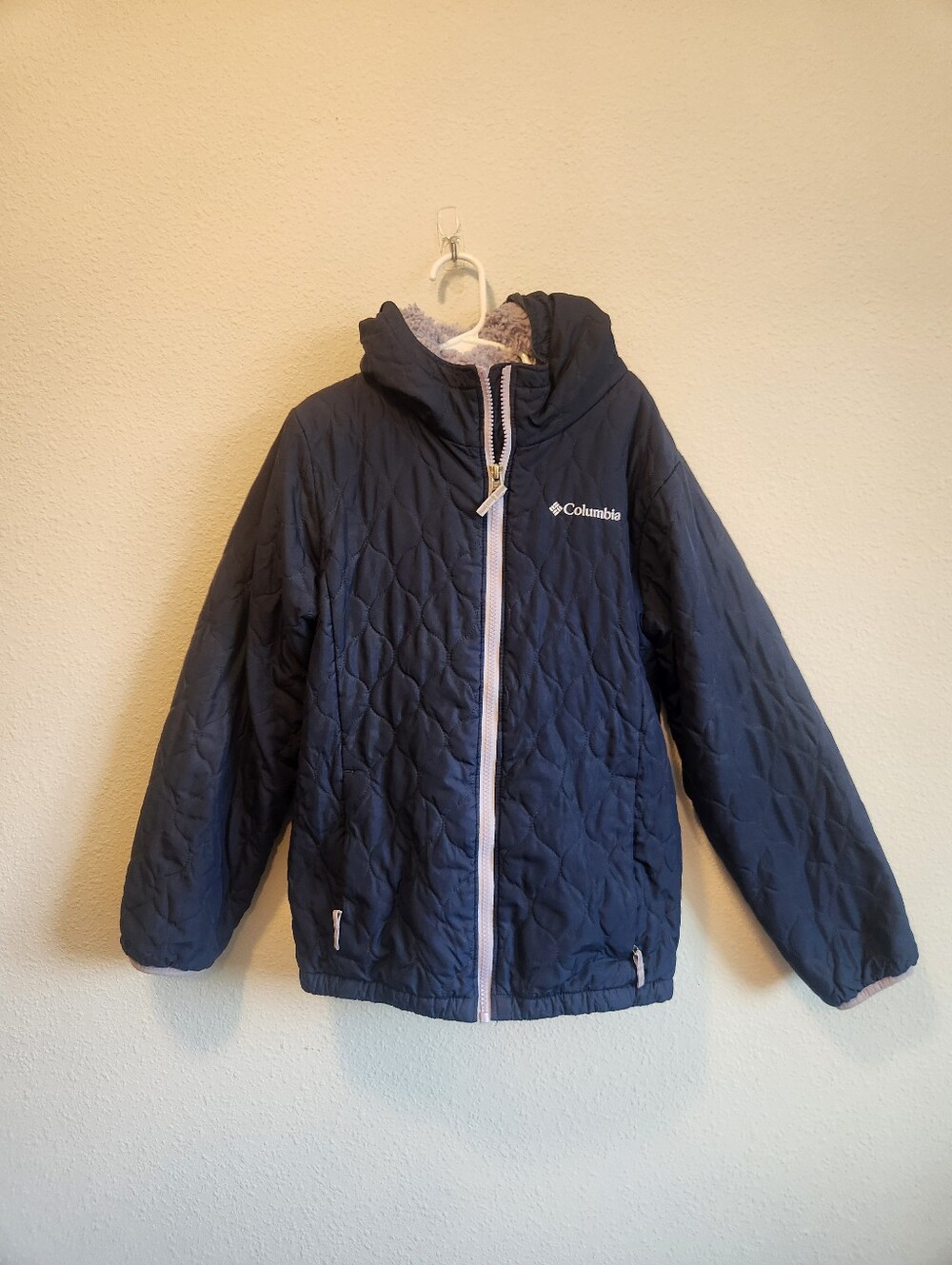 Columbia Kisa Girls M 10-12yr Navy Quilted Flee E Lined Hooded Jacket Coat